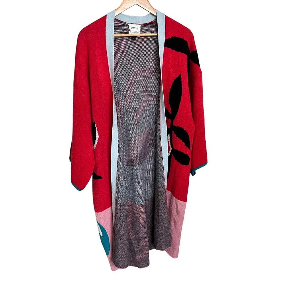 Anthropologie Laetitia Rouget Red Botanical Kimono Cardigan OS Boho Slouchy - Picture 3 of 12